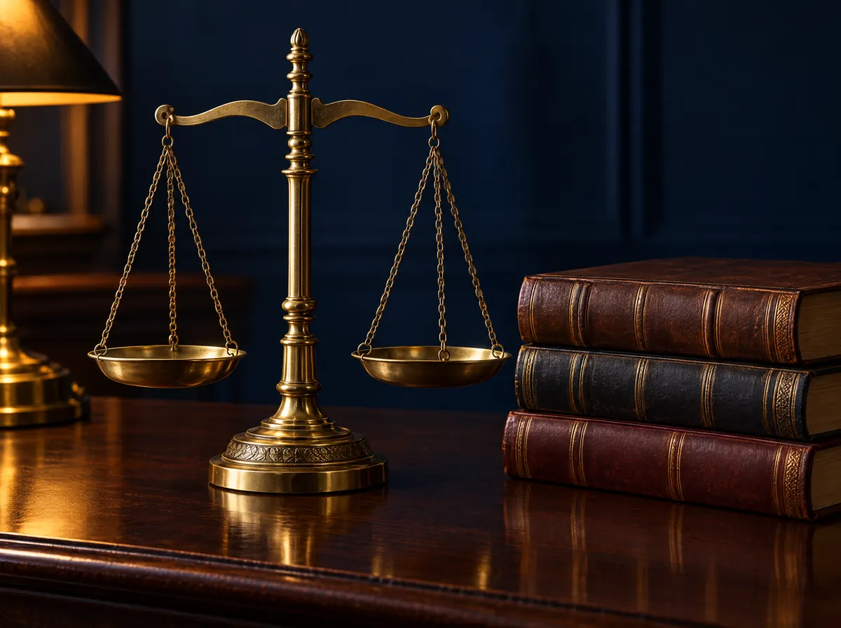 Brass scales of justice beside leather-bound law books