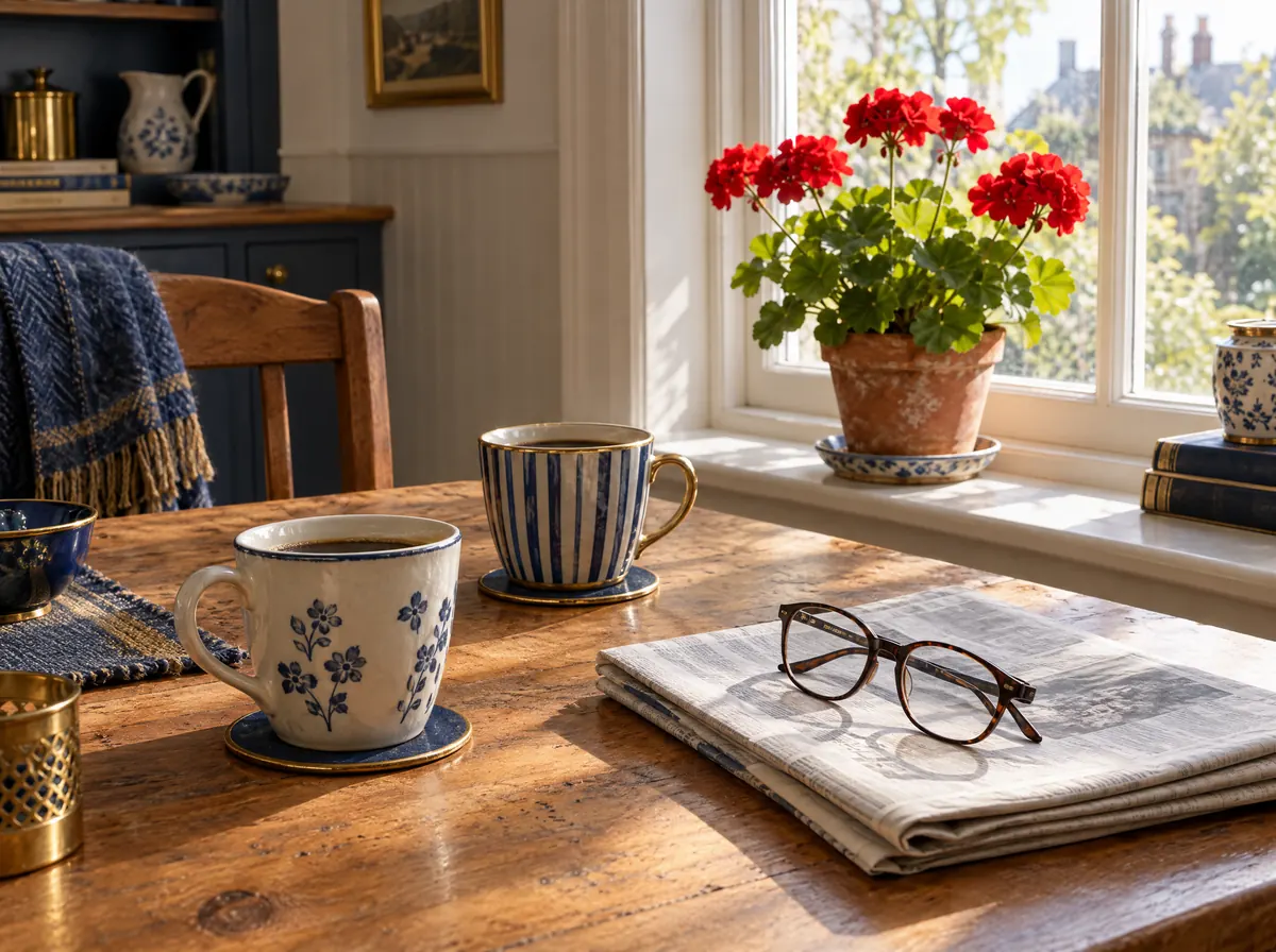 Two coffee cups and reading glasses on a kitchen table by a sunny window