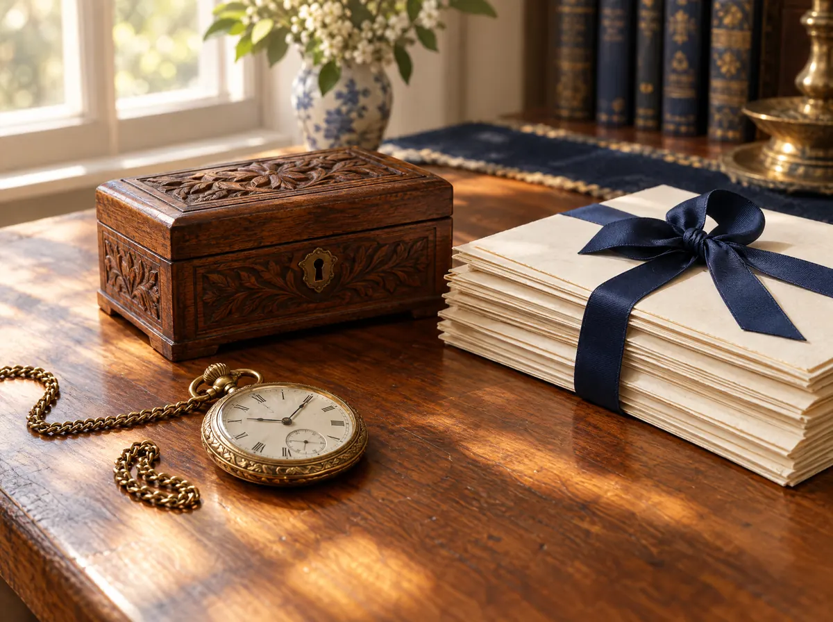 Heirloom pocket watch, keepsake box, and ribbon-tied documents on a sunlit table