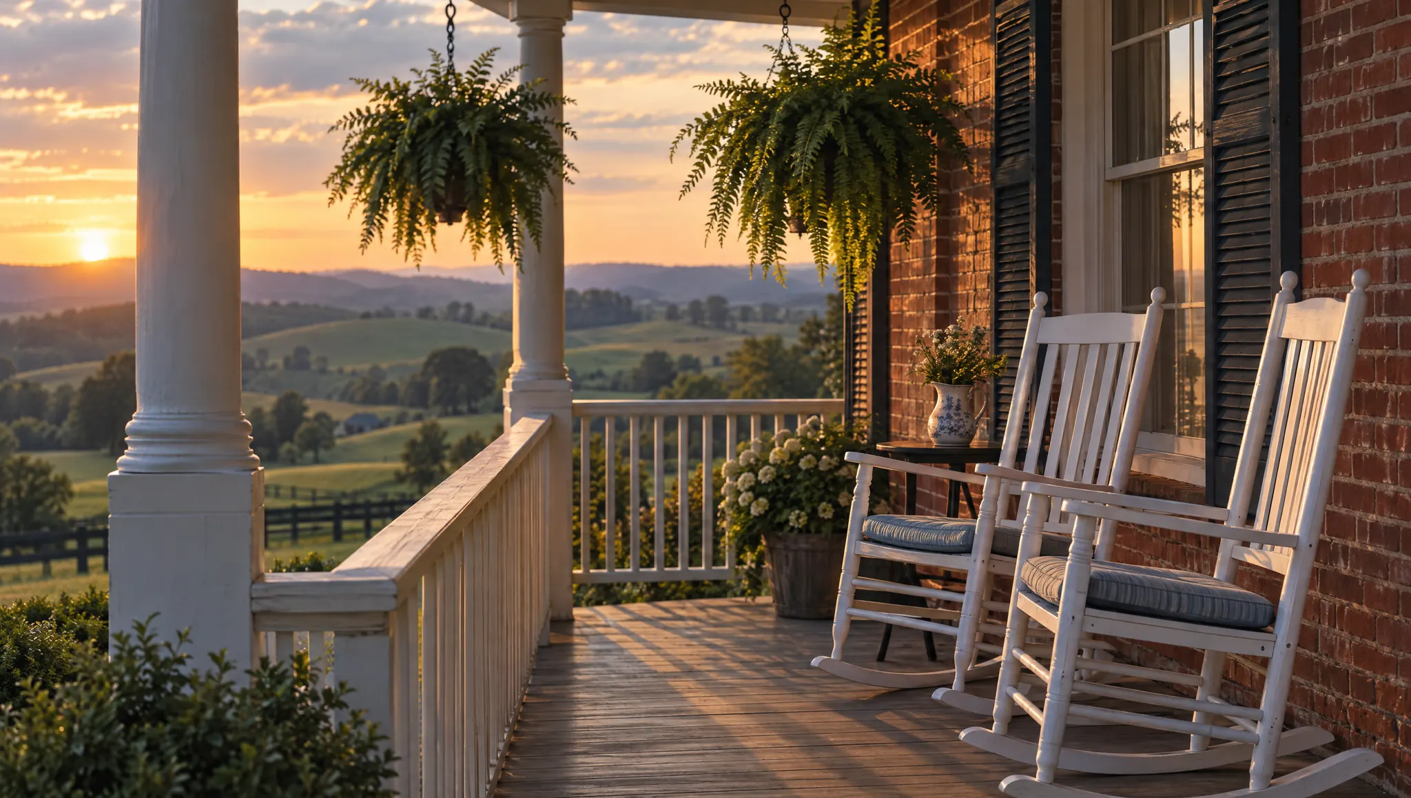 Two empty rocking chairs on the front porch of a brick Kentucky farmhouse at golden hour